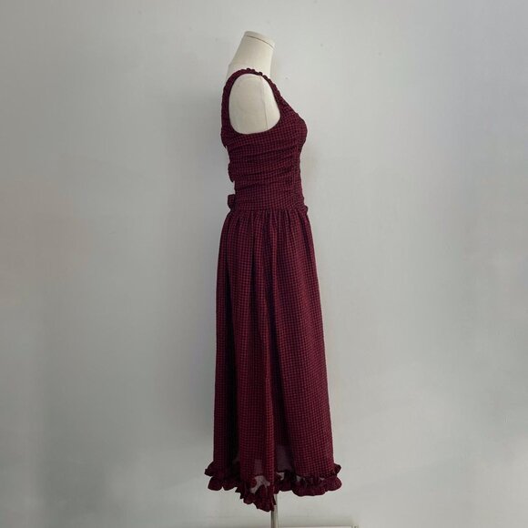 Ganni Sheer Fluid Check Midi Strap Smock Dress | Wine Red | Women’s Size Small - Picture 2 of 7